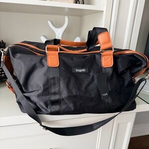 BUGATTI Black Nylon Vegan Leather Weekender Over Night Duffle Bag Men’s NEW